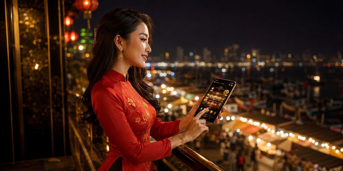 Người mặc áo dài tại Mũi Né sử dụng ứng dụng nhận thưởng VIP trên điện thoại